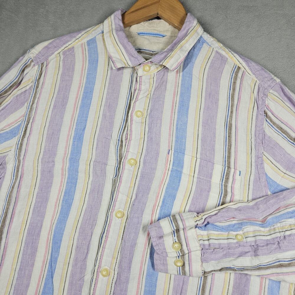 Tommy Bahama Linen Shirt Mens Medium Striped Button Down L/S Preppy Beachy Logo